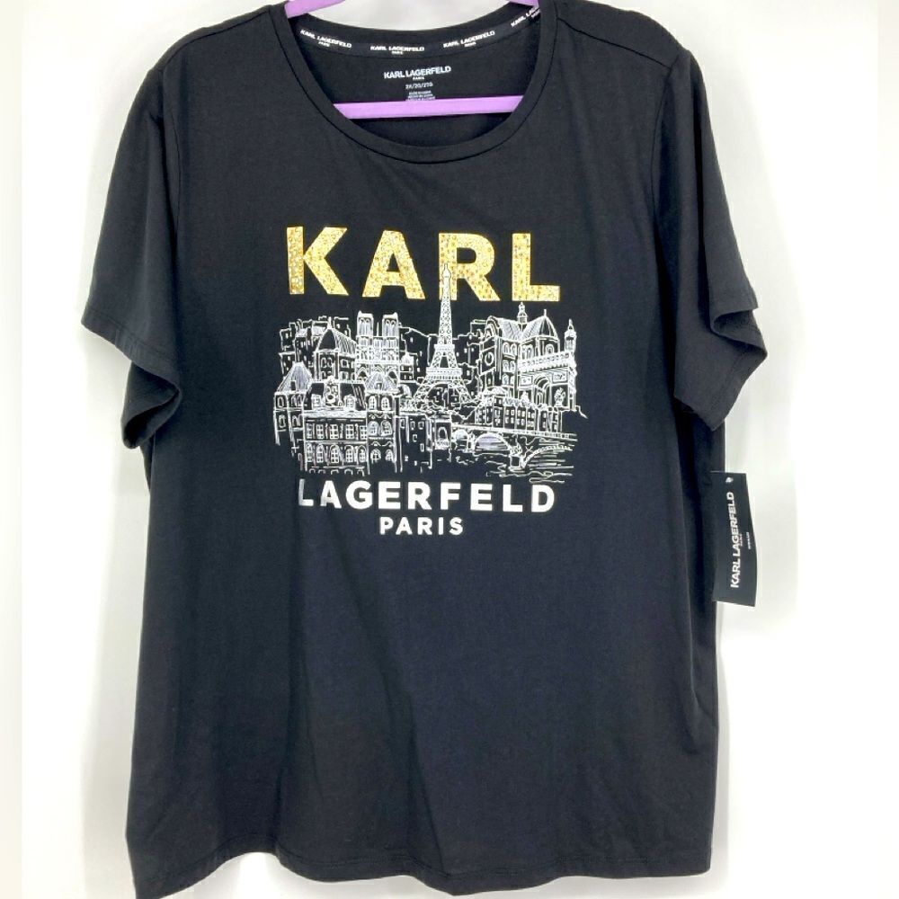 Black Tee with Gold & White Paris Graphic & Bling!, Karl Lagerfeld, Plus Sz 2xl